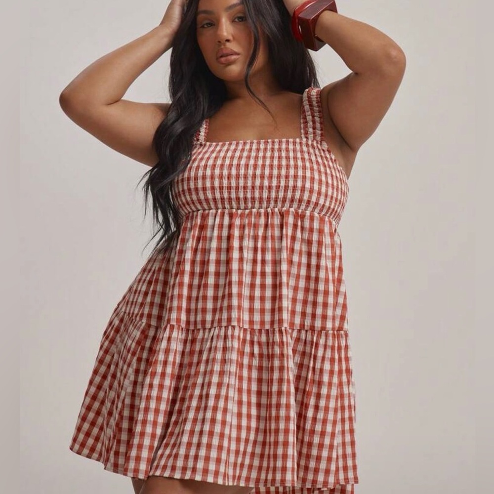 Gingham Tiered Smocked Sundress in Rust & White